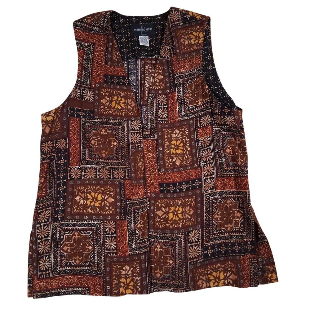 Vintage John Roberts Patchwork Print Geometric Open Front Grandma Boho Vest 14P
